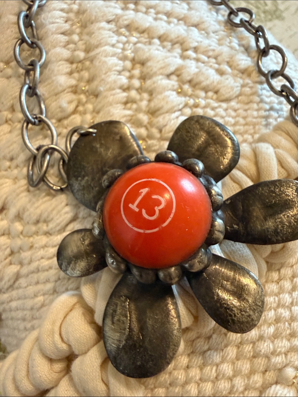 Flower Pendant Necklace with Red '13' Pool Ball- Hand Made! Approximately 21”.